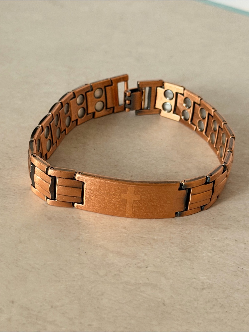Mens Copper Magnetic Lords Prayer Our Father Engraved on Center Link Bracelet